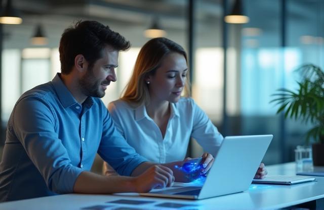 Two people in a modern office discussing data points on a laptop and tablet, symbolizing insights and strategy.