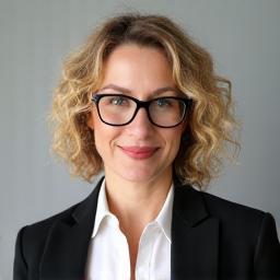 Headshot of Claire Dubois, a woman with curly blonde hair and glasses.